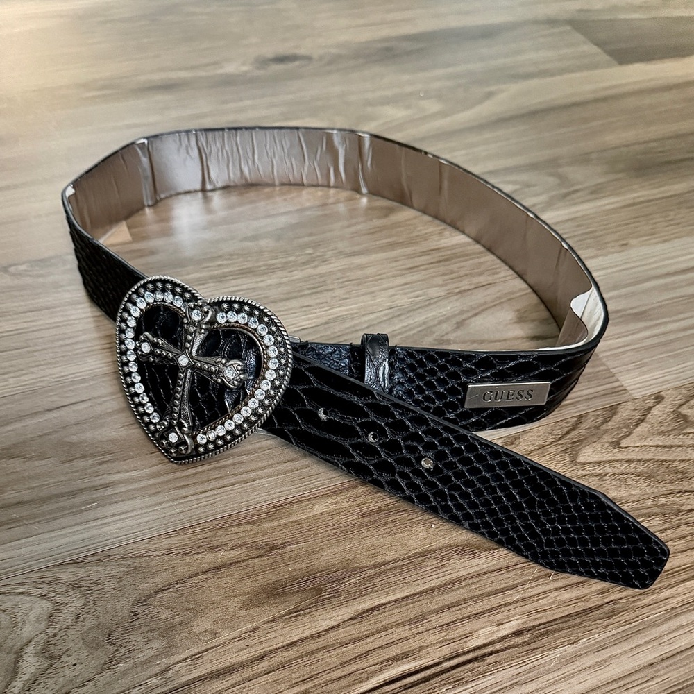 RARE Vintage Guess Black Rhinestone snakeskin Belt with Heart Buckle